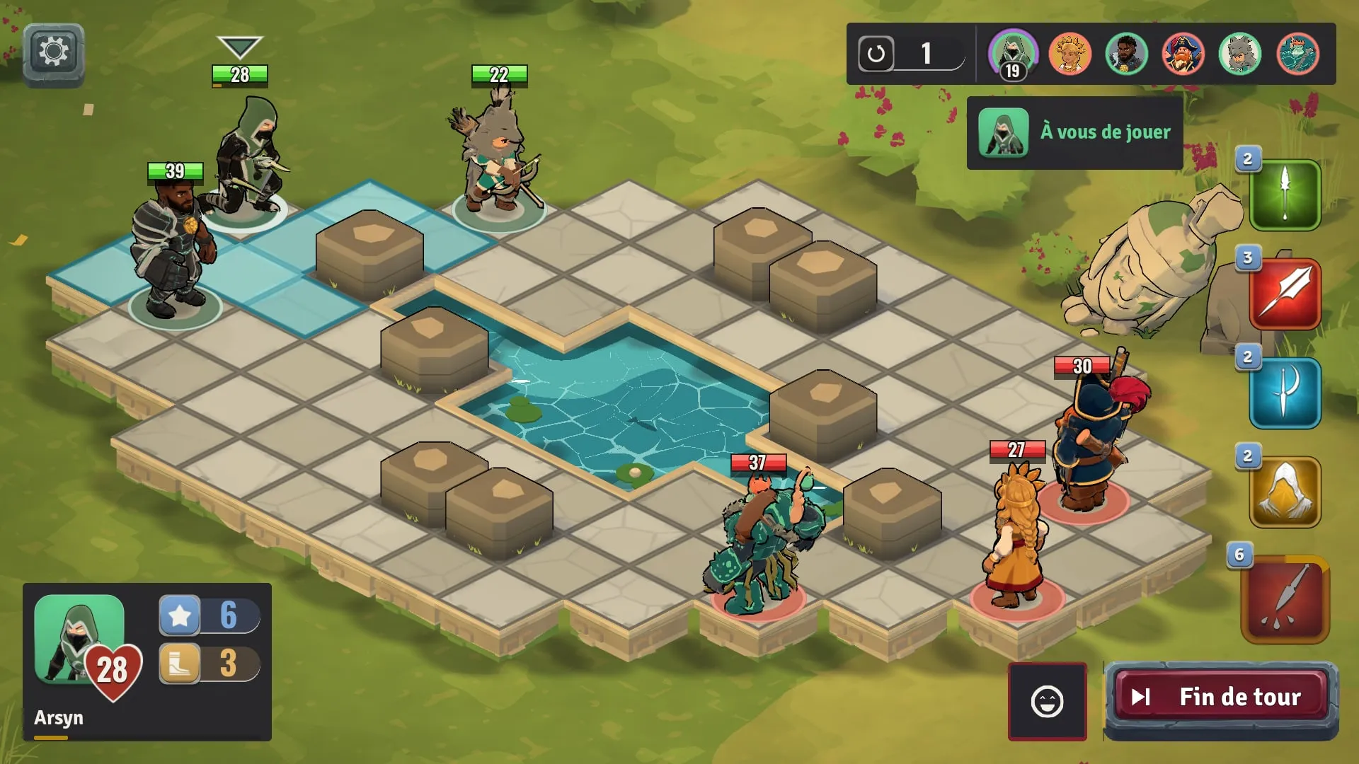 A fight on the Ring: Arsyn has the turn, spells on the right, reachable tiles in blue.