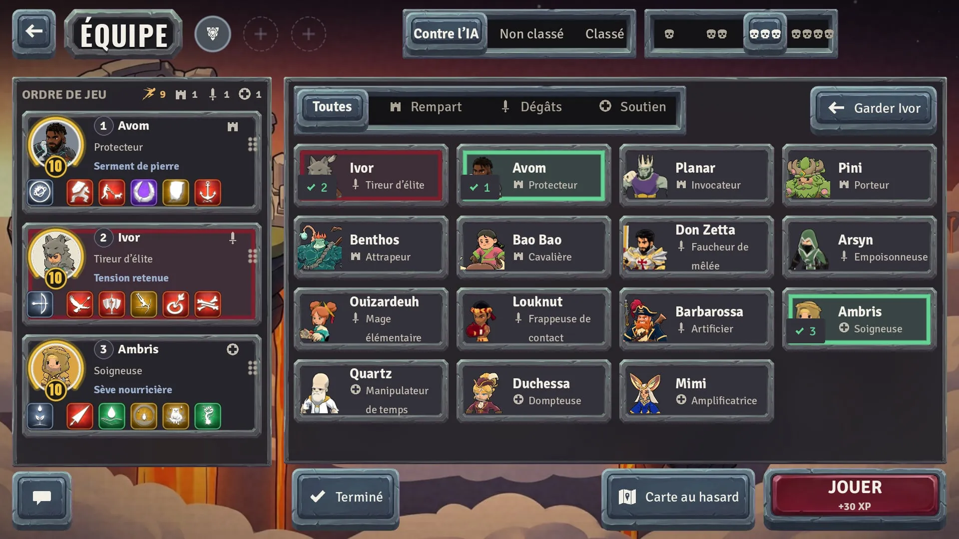 The Play screen: the turn order, Avom, Ivor then Ambris, with the fifteen classes beside it.