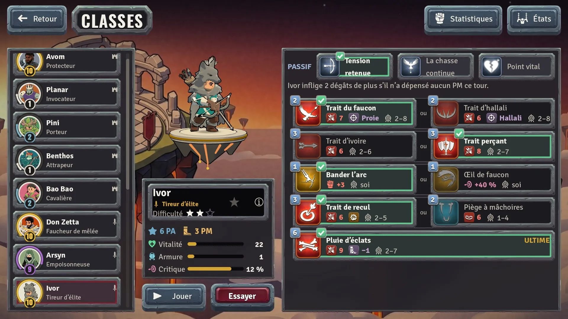 Classes: Ivor's build, his three passives to choose from, four spell pairs and his Ultimate, one option ticked per pair.